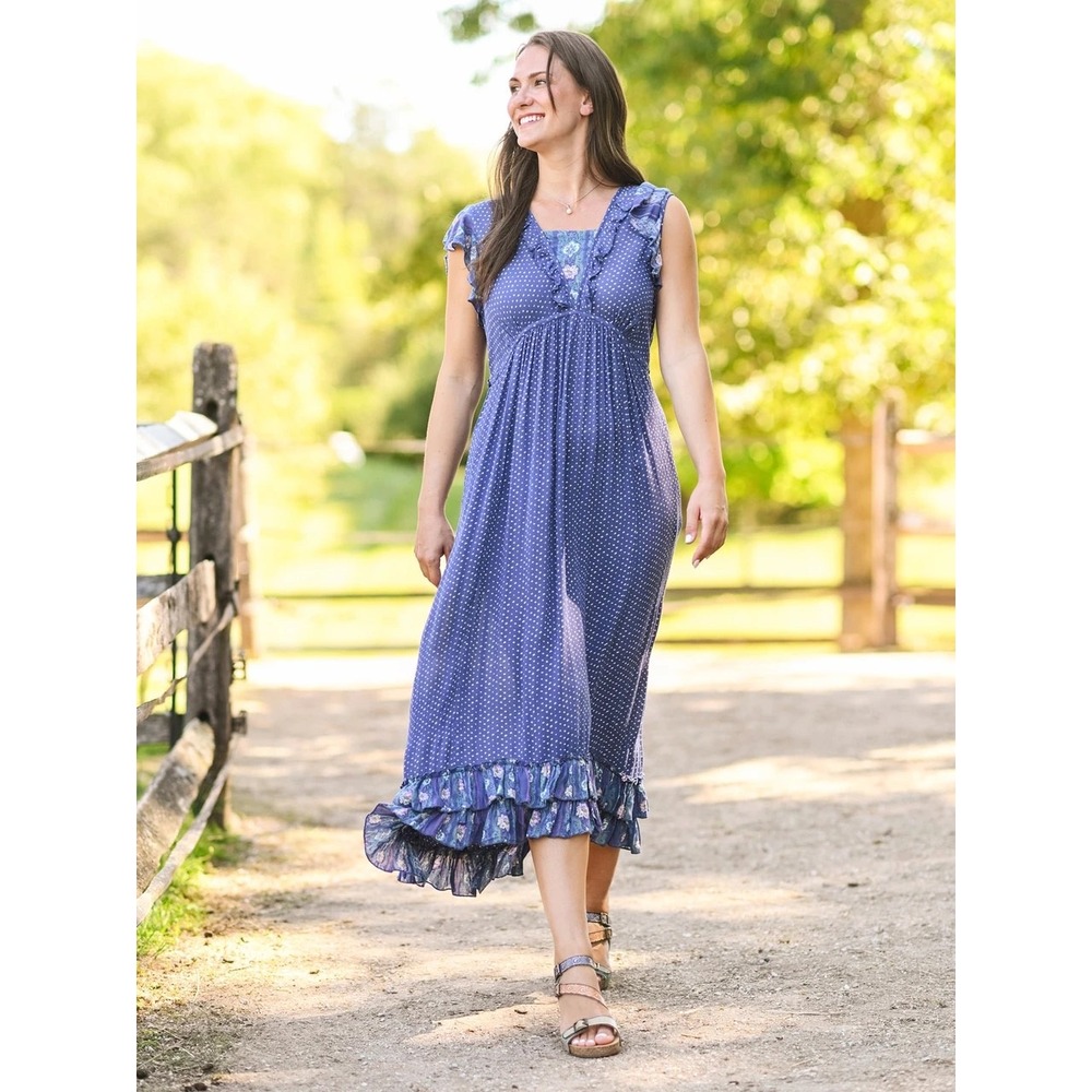 April Cornell Blue Tuscan Dot Hostess Midi Dress XS Flutter Sleeve Boho